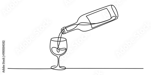 Minimalist continuous line drawing of a wine bottle pouring liquid into a glass on white background