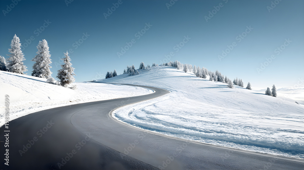 Obraz premium Scenic Winter Road Winding Through Snow Covered Hills