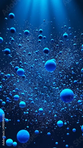Abstract Blue Bubbles Floating in Dark Water With Light Rays From Above, Macro View