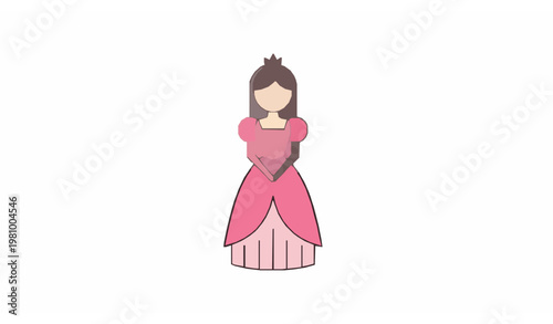 Minimal princess vector illustration with pink dress and crown in clean flat icon style