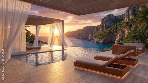 Luxury outdoor terrace with infinity pool, wooden lounge chairs, cabana with flowing curtains, and coastal cliffs at sunset. Elegant serene retreat atmosphere