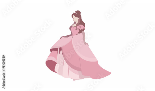 Fairy tale princess vector illustration with elegant pink dress and crown in modern flat style