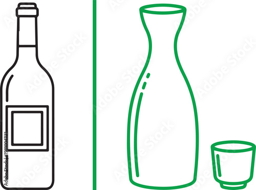 Minimalist vector illustration of a wine bottle and Japanese sake carafe with cup for restaurant menu design