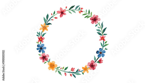 Vibrant floral arrangement forms circular wreath on white background