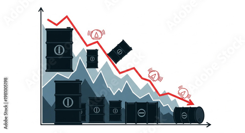 Oil barrels and downward trending graph illustrating price drop.