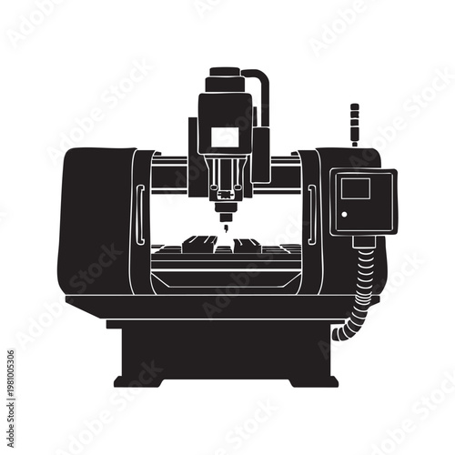 CNC milling machine silhouette industrial equipment vector illustration precision manufacturing workshop metal fabrication technology computer numerical control.
