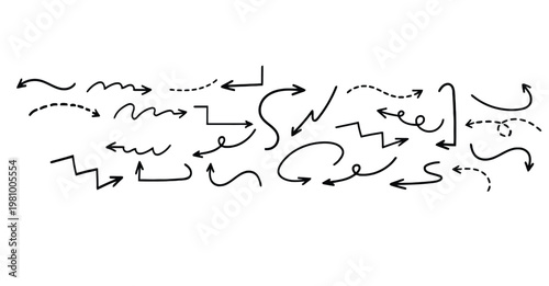 Collection of hand drawn black arrows and curved lines on a white background