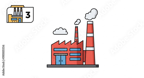 Industrial Factory Building with Smokestacks Emitting Smoke.