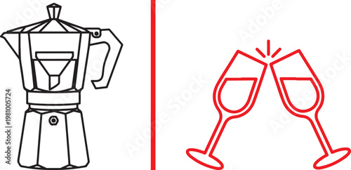 Minimalist vector illustration of a moka pot and clinking wine glasses representing the transition from coffee to alcohol