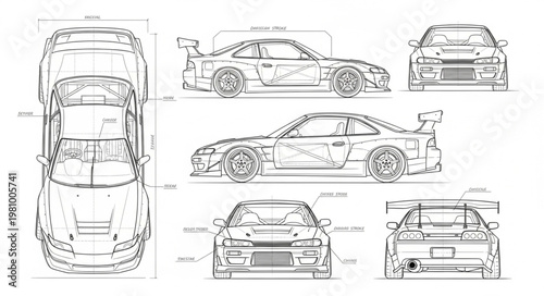 Detailed blueprint drawing of a sports car from multiple angles.