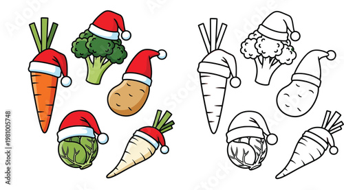 Festive Christmas Vegetables with Santa Hats Vector Illustration and Coloring Page Outline Set