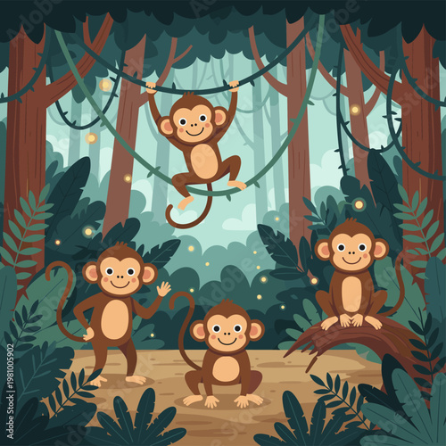 Four monkeys playing in a jungle with trees and leaves