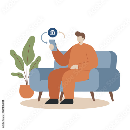 Man sitting on sofa holding circular clock device.