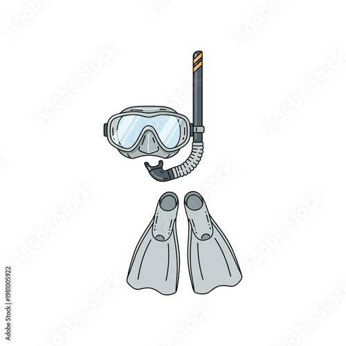 Gray scuba diving mask and flippers with snorkel tube