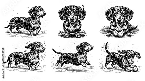 six styles of a dog in one photo black and white vector