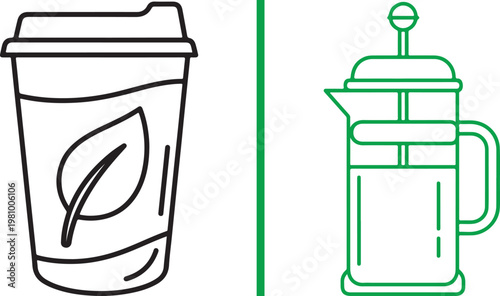 Coffee cup with leaf logo and French press brewer minimalist vector illustration for cafe menu and sustainability branding