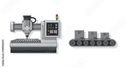Industrial CNC machine and conveyor belt with boxes.