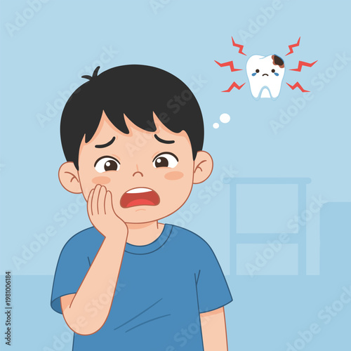 Boy holding cheek in pain with thought bubble of hurting tooth