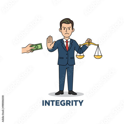 Cartoon businessman holding scales refusing bribe with hand