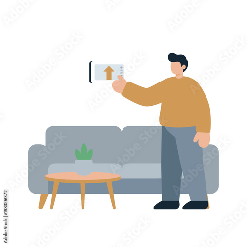 Man standing beside a sofa presenting a card illustration.