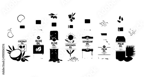 Set of natural cooking oils bottles with fresh ingredients isolated vector illustration for healthy food packaging design