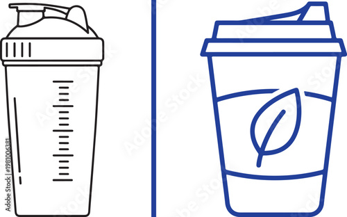 Protein shaker bottle and coffee cup line art vector illustration for fitness and lifestyle comparison