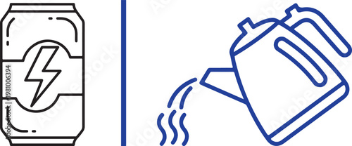 Energy drink can with lightning bolt and kettle pouring hot water vector icons for caffeine and hydration concept