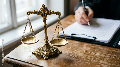 Lawyer working with documents and justice scale on wooden desk in office.
