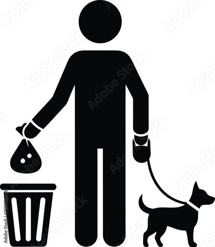 Person with dog picks up waste in a trash bin, symbolizing responsible pet ownership.