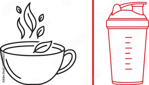 Minimalist vector illustration comparing a cup of herbal tea and a protein shaker bottle for fitness and wellness concepts