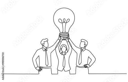 Team holding up a bright idea light bulb continuous line drawing single line flat design teamwork collaboration innovation creativity business together lightbulb illumination solution