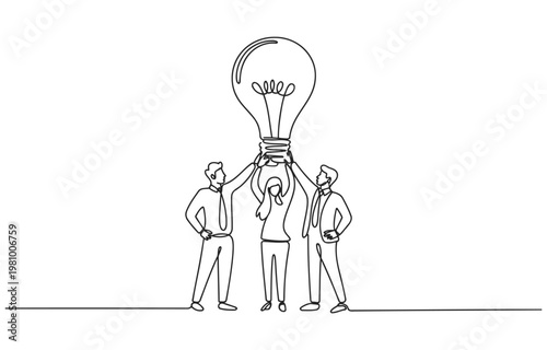 Team holding up a bright idea light bulb continuous line drawing single line flat design teamwork collaboration innovation creativity business together lightbulb illumination solution