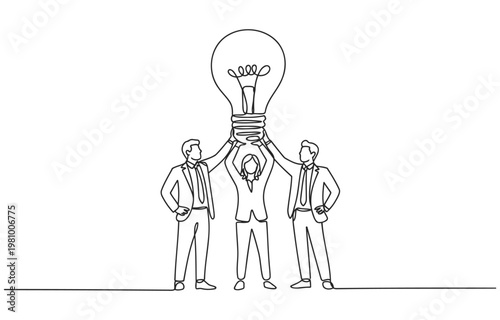 Team holding up a bright idea light bulb continuous line drawing single line flat design teamwork collaboration innovation creativity business together lightbulb illumination solution