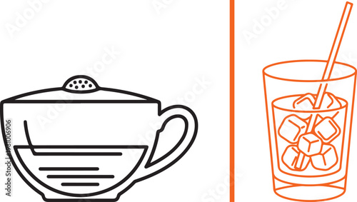 Minimalist vector line art icons of a hot tea cup and a cold iced drink with a straw for cafe menu design