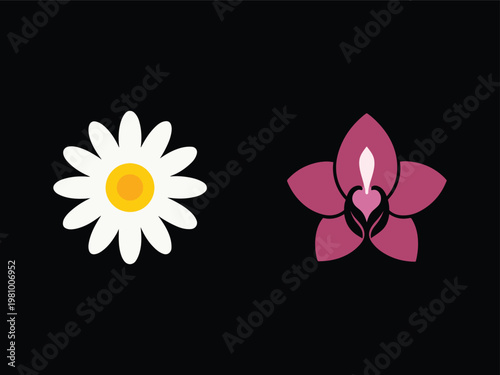 White daisy and pink lotus flower icons  simple floral symbols on dark background