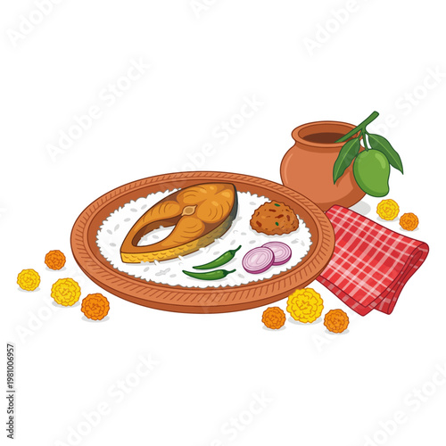 Traditional Pohela Boishakh Panta Ilish platter with fried Hilsa fish green chili onion and mango pickle on a clay plate with gamcha for Bengali New Year festival food culture illustration vector.