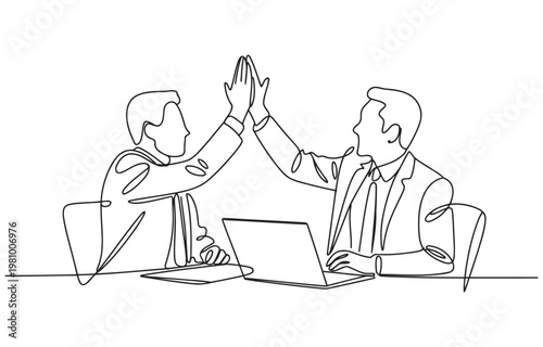 Line art illustration of two colleagues sharing a high five at a desk with laptop business teamwork collaboration agreement illustration partnership celebration communication discussion