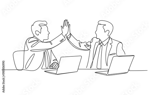 Two business professionals high fiving with multiple laptops in a modern office setting line drawing high five line art business teamwork collaboration agreement illustration partnership