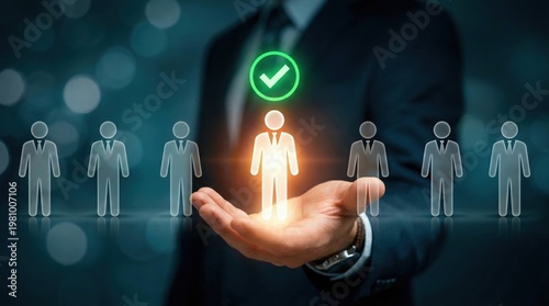 Professional business manager selecting elite candidate for corporate job recruitment process with glowing human resource digital icon and checkmark symbol overlay