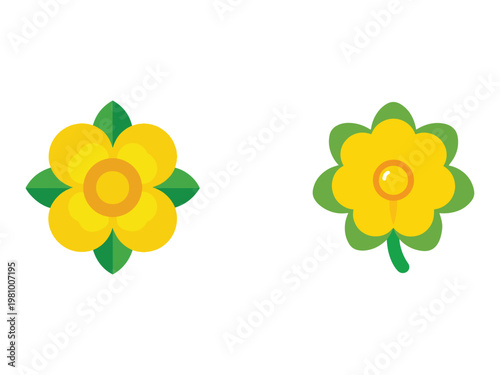 Yellow flowers with green leaves on white background  simple flat design  illustration