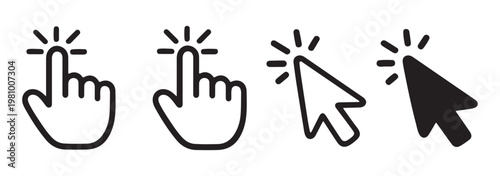 Pointer click hand icon set for web and mobile interfaces, user experience design and digital interaction symbols.