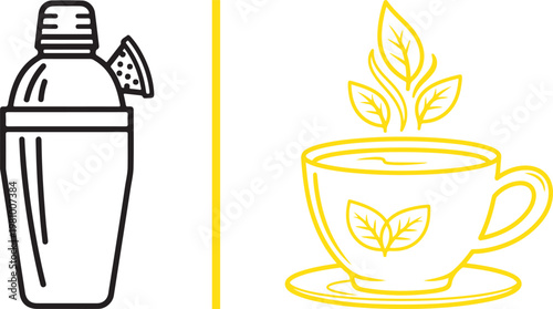 Minimalist vector illustration of a cocktail shaker and herbal tea cup for beverage menu design