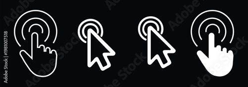 Click cursor pixel icon. Computer mouse pointer hand logo. Arrow press symbol for internet website. Digital UI UX element. Select button vector icon set.