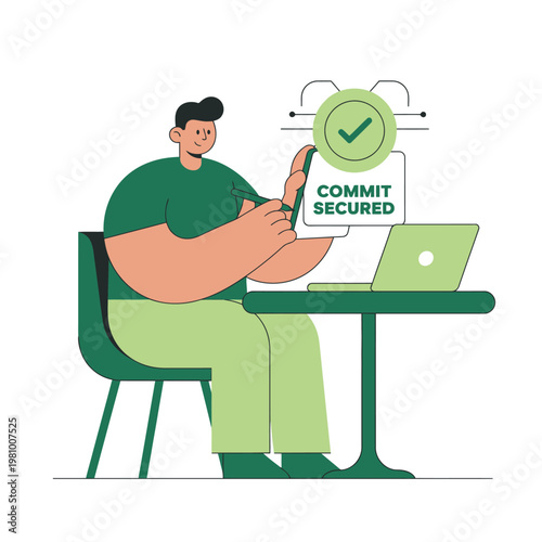 Person at desk securing commit with lock and laptop.