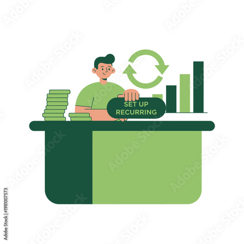Person at desk setting up recurring savings plan for financial growth.