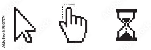 Click hand cursor icon set, various pointing hands and tapping gestures, user interface symbols, touchscreen interaction icons, flat design style, essential elements for mobile and web applications