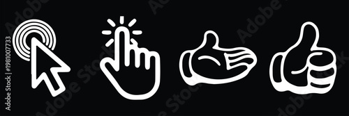 Click hand cursor icon set, various pointing hands and tapping gestures, user interface symbols, touchscreen interaction icons, flat design style, essential elements for mobile and web applications