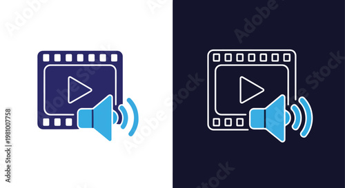 Video play button with sound audio icon - Minimalist, flat icon, outline, glyph, linear, clipart, sticker - icon set