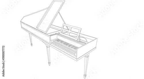 Line drawing of a grand piano with lid open
