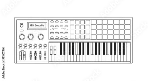 MIDI keyboard controller with knobs and pads for music production